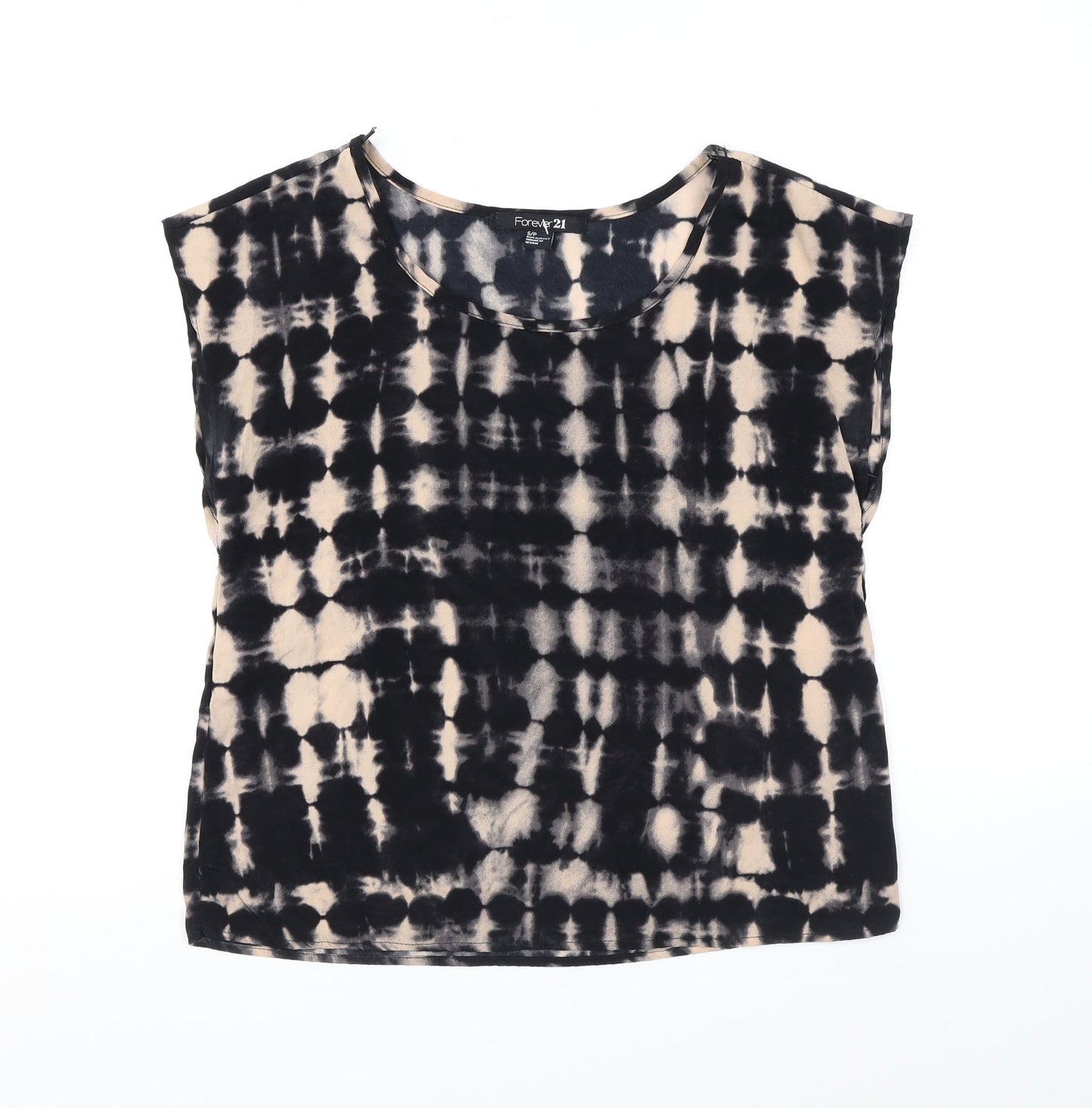 FOREVER 21 Womens Black Geometric Polyester Basic T-Shirt Size S Boat Neck