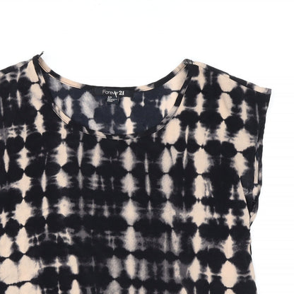 FOREVER 21 Womens Black Geometric Polyester Basic T-Shirt Size S Boat Neck