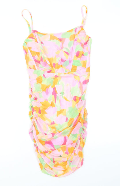 Stradivarius Womens Multicoloured Geometric Polyester Bodycon Size L Square Neck - Ruching, Boning