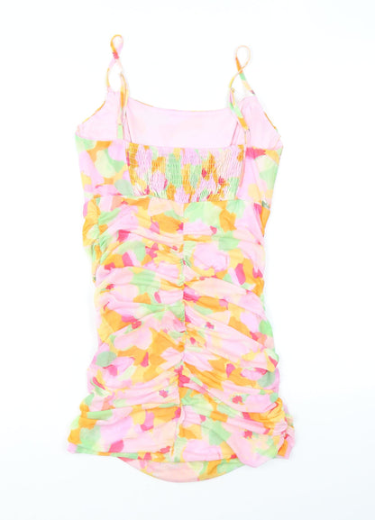 Stradivarius Womens Multicoloured Geometric Polyester Bodycon Size L Square Neck - Ruching, Boning