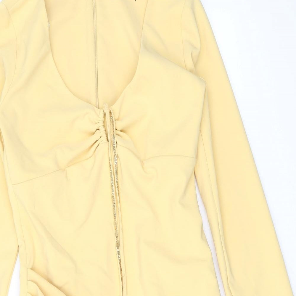Zara Womens Yellow Polyester Mini Size S V-Neck Zip - Keyhole Neck