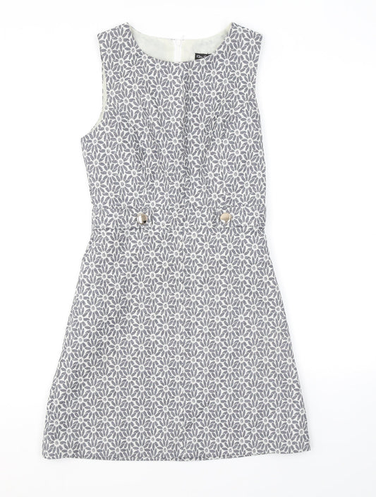 Miss Selfridge Womens Grey Floral Polyester A-Line Size 8 Round Neck Zip