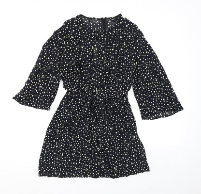 Topshop Womens Black Polka Dot Viscose A-Line Size 6 Round Neck Zip - Cutout