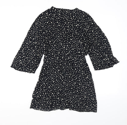 Topshop Womens Black Polka Dot Viscose A-Line Size 6 Round Neck Zip - Cutout