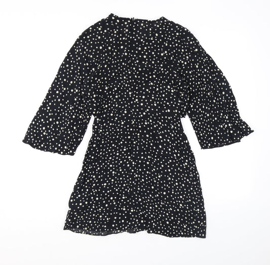 Topshop Womens Black Polka Dot Viscose A-Line Size 6 Round Neck Zip - Cutout