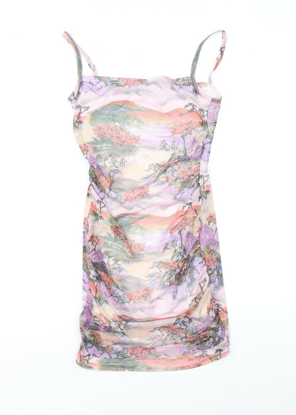 PRETTYLITTLETHING Womens Purple Geometric Polyester Bodycon Size 6 Square Neck Pullover - Rushed Detail, Sunset Print