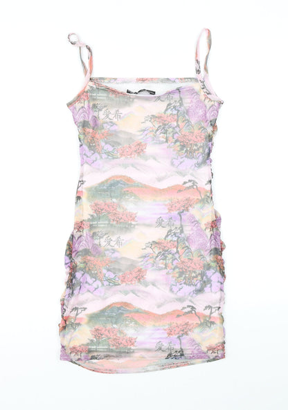 PRETTYLITTLETHING Womens Purple Geometric Polyester Bodycon Size 6 Square Neck Pullover - Rushed Detail, Sunset Print