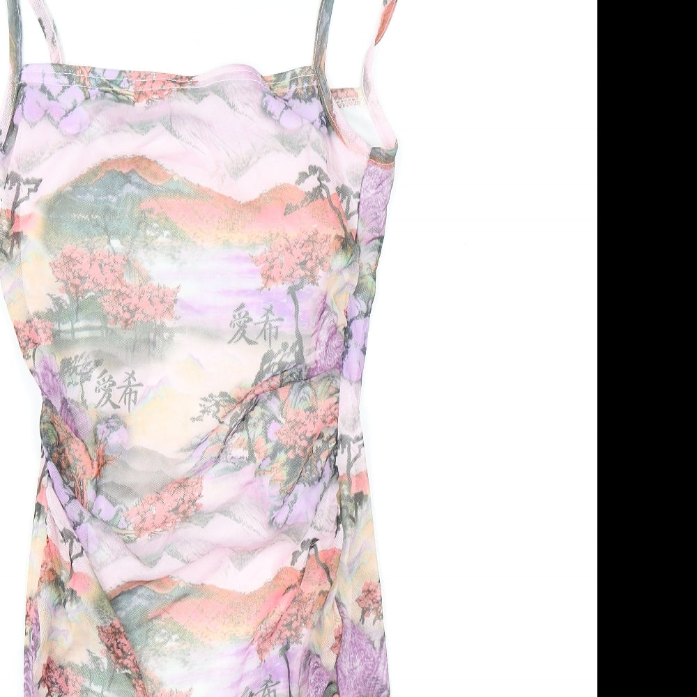 PRETTYLITTLETHING Womens Purple Geometric Polyester Bodycon Size 6 Square Neck Pullover - Rushed Detail, Sunset Print