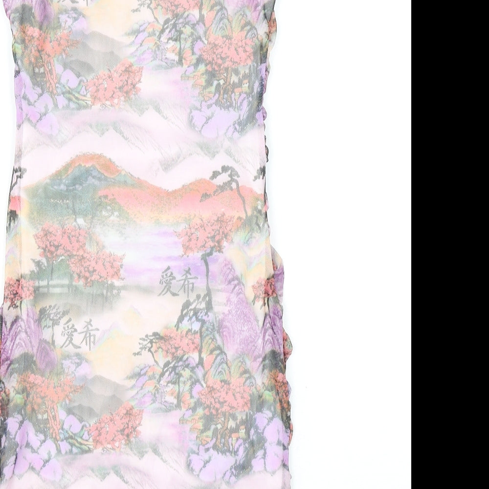 PRETTYLITTLETHING Womens Purple Geometric Polyester Bodycon Size 6 Square Neck Pullover - Rushed Detail, Sunset Print