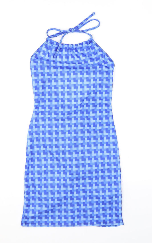 Pink Vanilla Womens Blue Geometric Polyester Mini Size 8 Halter Tie - Open Back