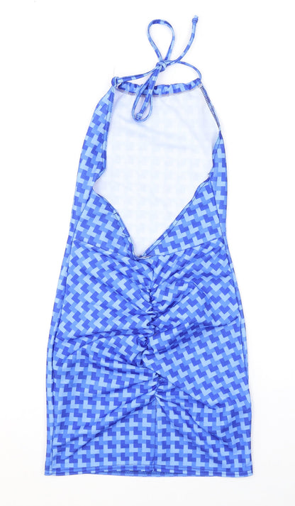 Pink Vanilla Womens Blue Geometric Polyester Mini Size 8 Halter Tie - Open Back