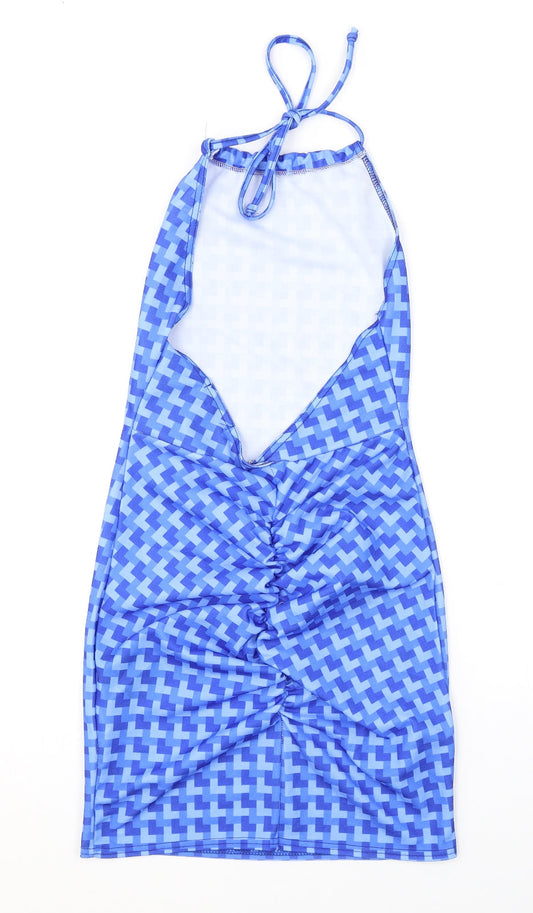 Pink Vanilla Womens Blue Geometric Polyester Mini Size 8 Halter Tie - Open Back