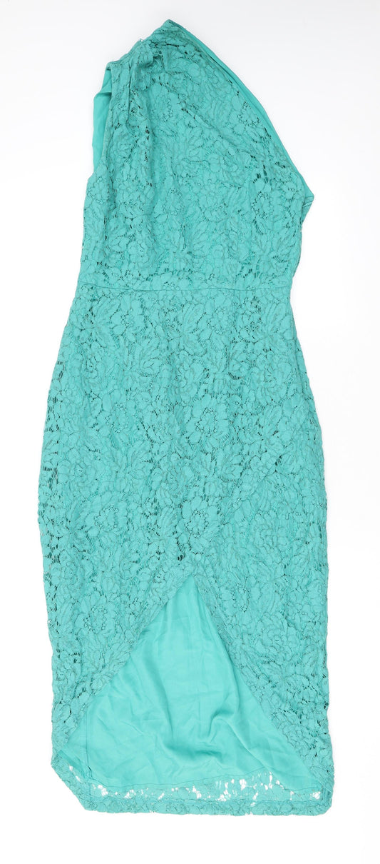 ASOS Womens Green Floral Polyester Pencil Dress Size 10 One Shoulder Zip