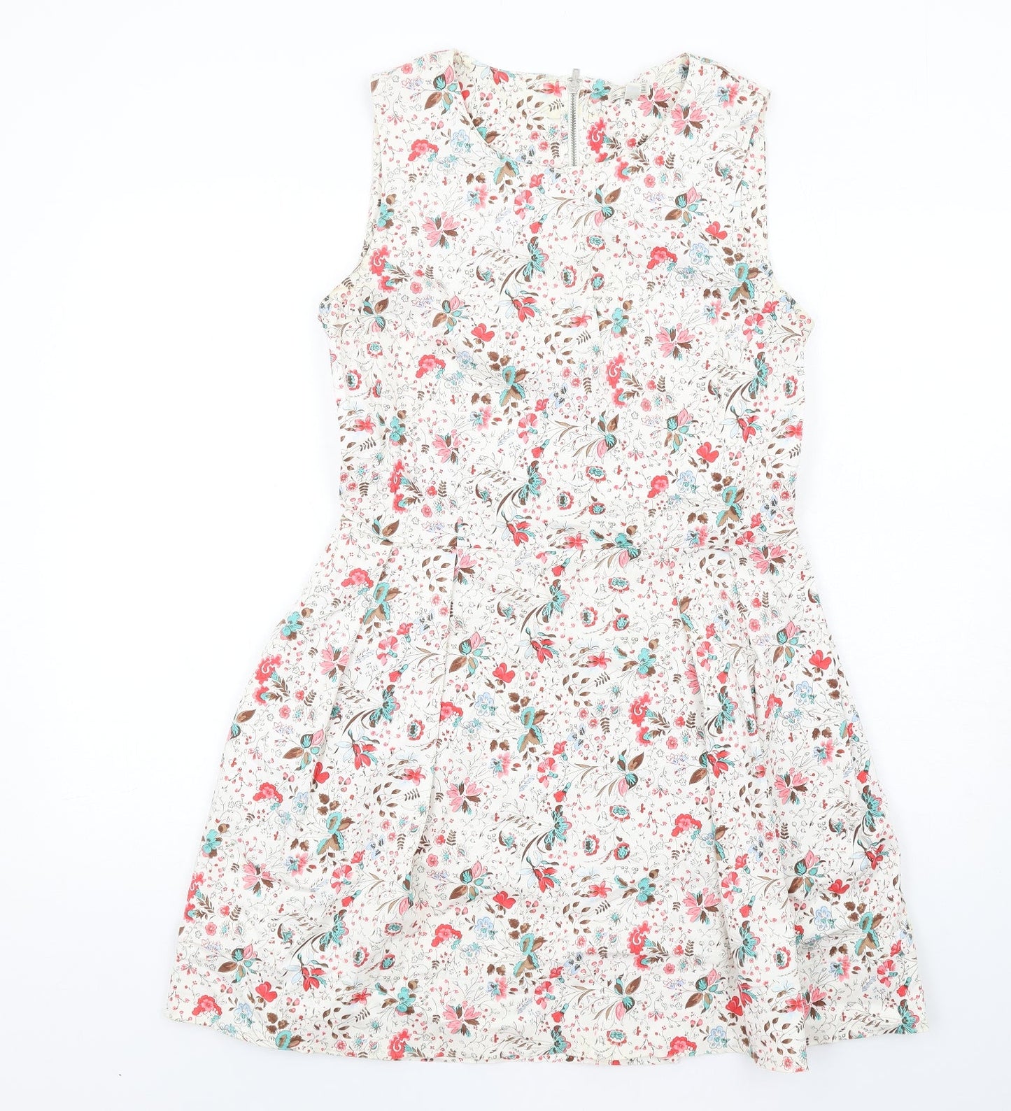 Gap Womens Ivory Floral Cotton Fit & Flare Size 10 Round Neck Zip