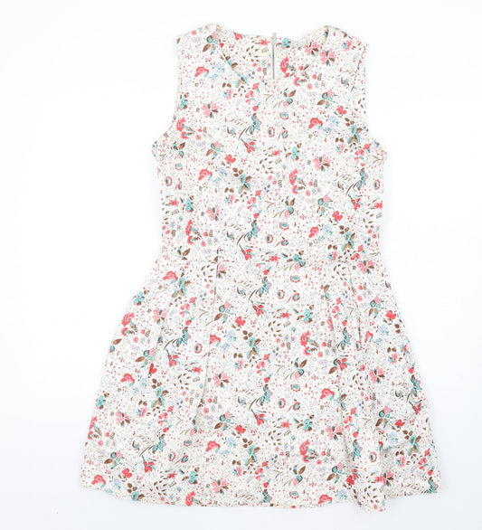 Gap Womens Ivory Floral Cotton Fit & Flare Size 10 Round Neck Zip