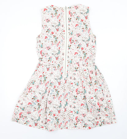 Gap Womens Ivory Floral Cotton Fit & Flare Size 10 Round Neck Zip