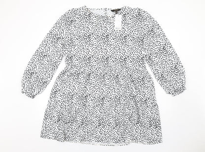 Lipsy Womens White Polka Dot Polyester A-Line Size 12 Round Neck Button