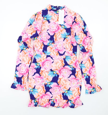 Paper Dolls Womens Multicoloured Floral Polyester Bodycon Size 10 Mock Neck Zip