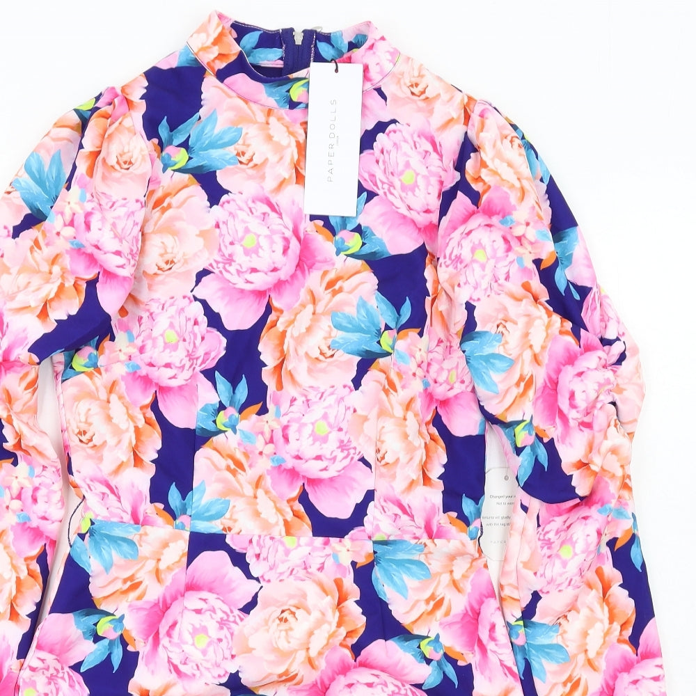 Paper Dolls Womens Multicoloured Floral Polyester Bodycon Size 10 Mock Neck Zip
