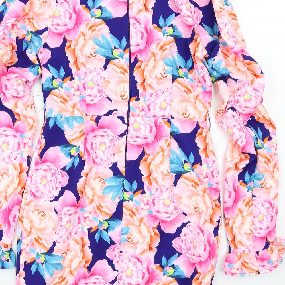 Paper Dolls Womens Multicoloured Floral Polyester Bodycon Size 10 Mock Neck Zip