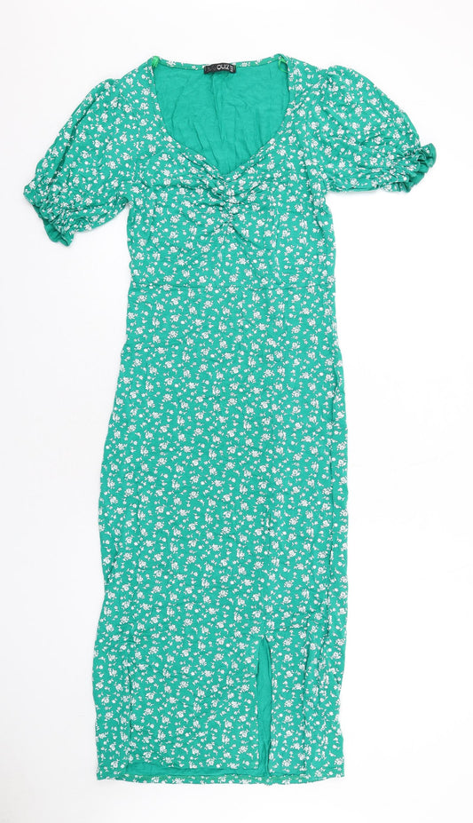 Quiz Womens Green Floral Viscose Bodycon Size 12 V-Neck Pullover