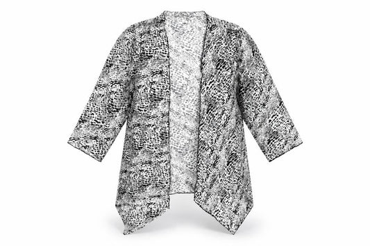 Front view of Alexara women’s black animal print nylon kimono t-shirt, size UK 14, v-neck