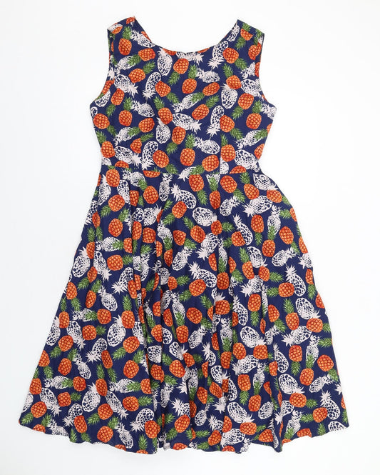 Jolie Moi Womens Blue Geometric Cotton Fit & Flare Size 16 Round Neck Zip - Pineapple