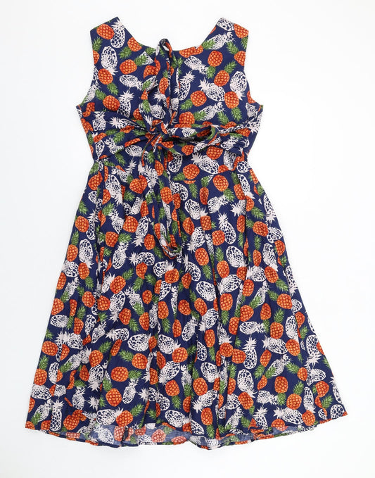 Jolie Moi Womens Blue Geometric Cotton Fit & Flare Size 16 Round Neck Zip - Pineapple