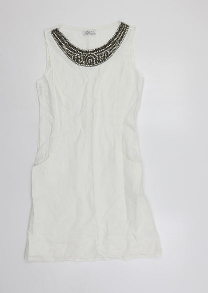 d.e.c.k. By Decollage Womens White Linen Shift Size 10 Boat Neck Pullover - Embellished Neckline