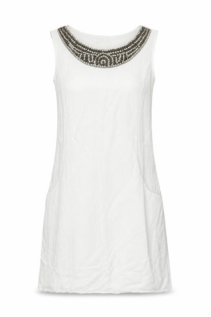 d.e.c.k. By Decollage Womens White Linen Shift Size 10 Boat Neck Pullover - Embellished Neckline