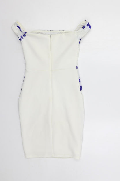 Lipsy Womens White Floral Nylon Pencil Dress Size 8 Off the Shoulder Zip - Lace Detail