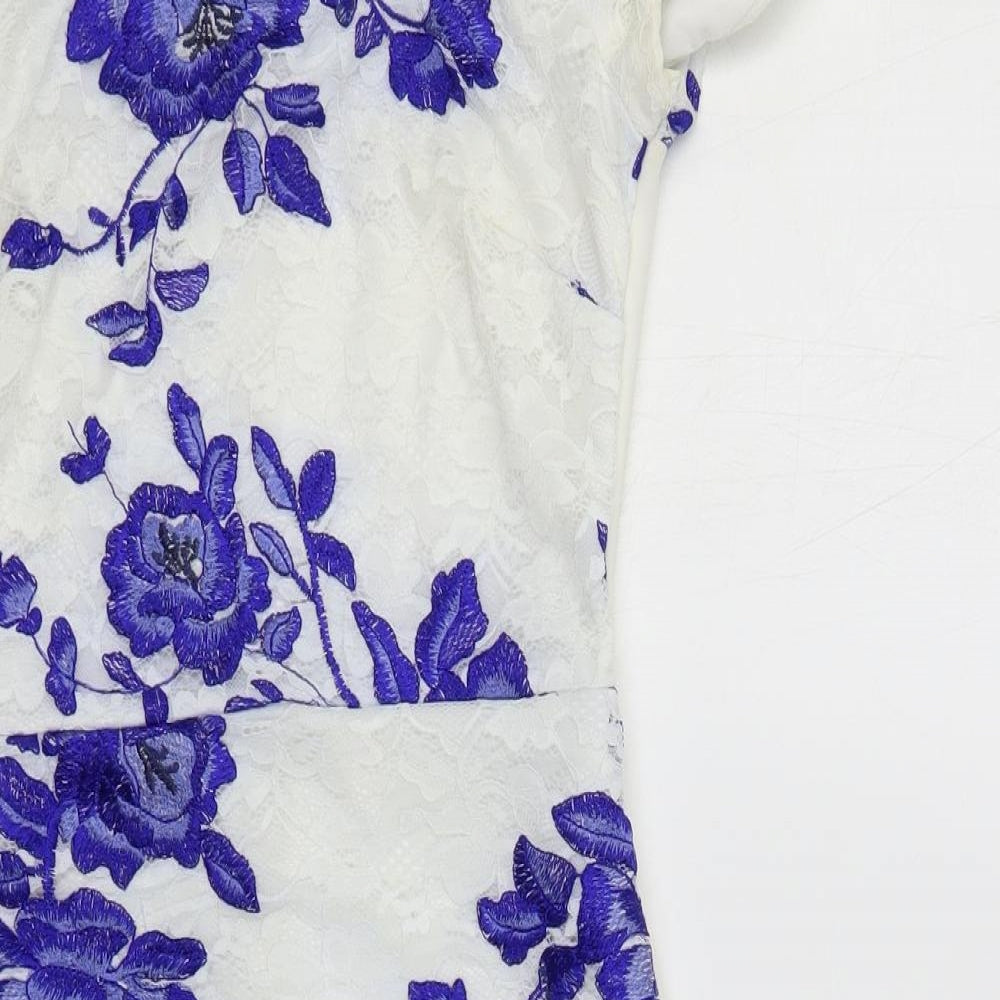 Lipsy Womens White Floral Nylon Pencil Dress Size 8 Off the Shoulder Zip - Lace Detail