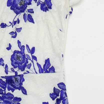 Lipsy Womens White Floral Nylon Pencil Dress Size 8 Off the Shoulder Zip - Lace Detail