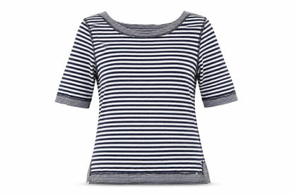 FDJ Womens Blue Striped Cotton Basic T-Shirt Size S Boat Neck