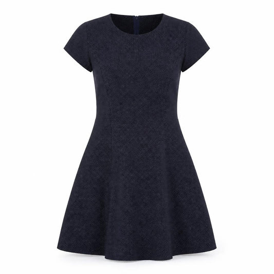 Front view of ESPRIT women’s blue polka dot polyester fit & flare, size UK 10, round neck zip