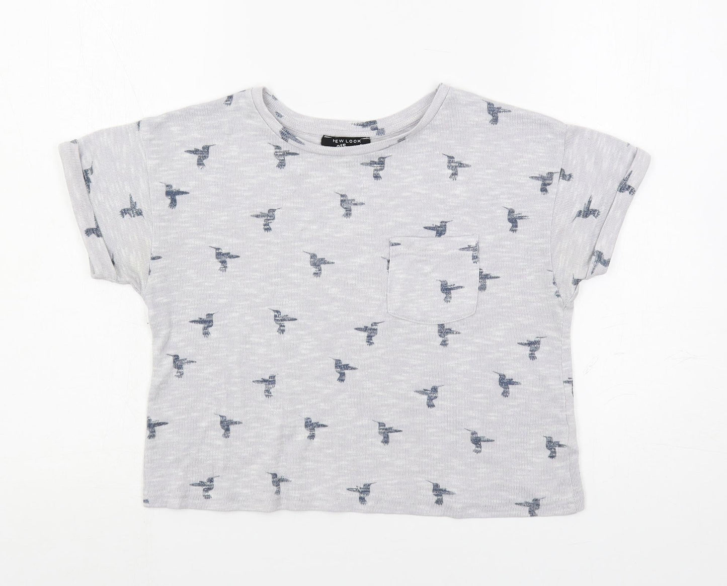 New Look Girls Grey Geometric Polyester Pullover T-Shirt Size 10-11 Years Crew Neck Pullover - Bird Print