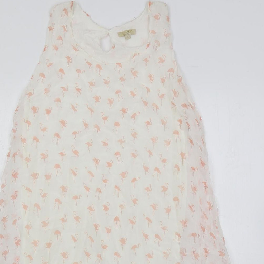 GIUSY Womens White Geometric Viscose A-Line Size L Boat Neck Button - Lined