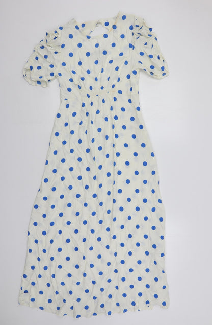 Marks and Spencer Womens White Polka Dot Viscose Maxi Size 8 Round Neck Zip