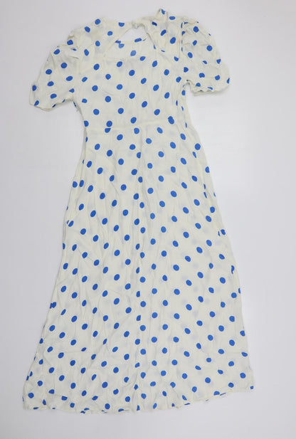 Marks and Spencer Womens White Polka Dot Viscose Maxi Size 8 Round Neck Zip