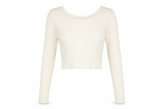 Front view of ASOS women’s beige acrylic cropped t-shirt, size UK 10, round neck - twist detail on back
