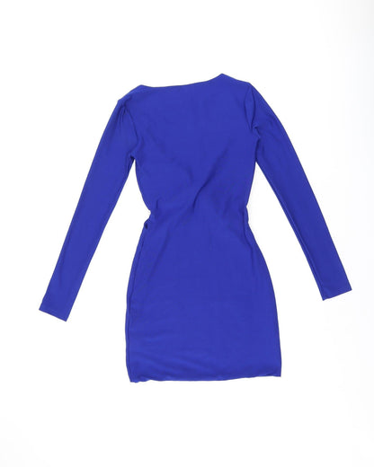 Topshop Womens Blue Viscose Bodycon Size 6 Boat Neck Pullover - Cut Out Sides, Twist Detail