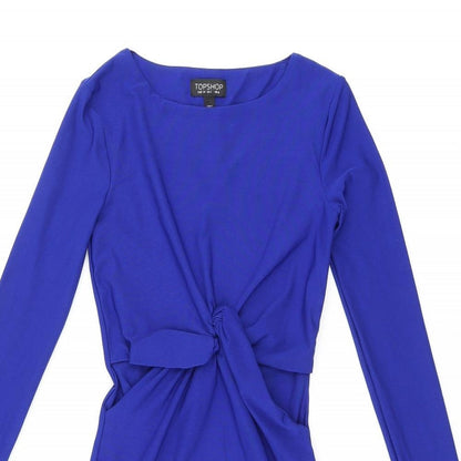 Topshop Womens Blue Viscose Bodycon Size 6 Boat Neck Pullover - Cut Out Sides, Twist Detail