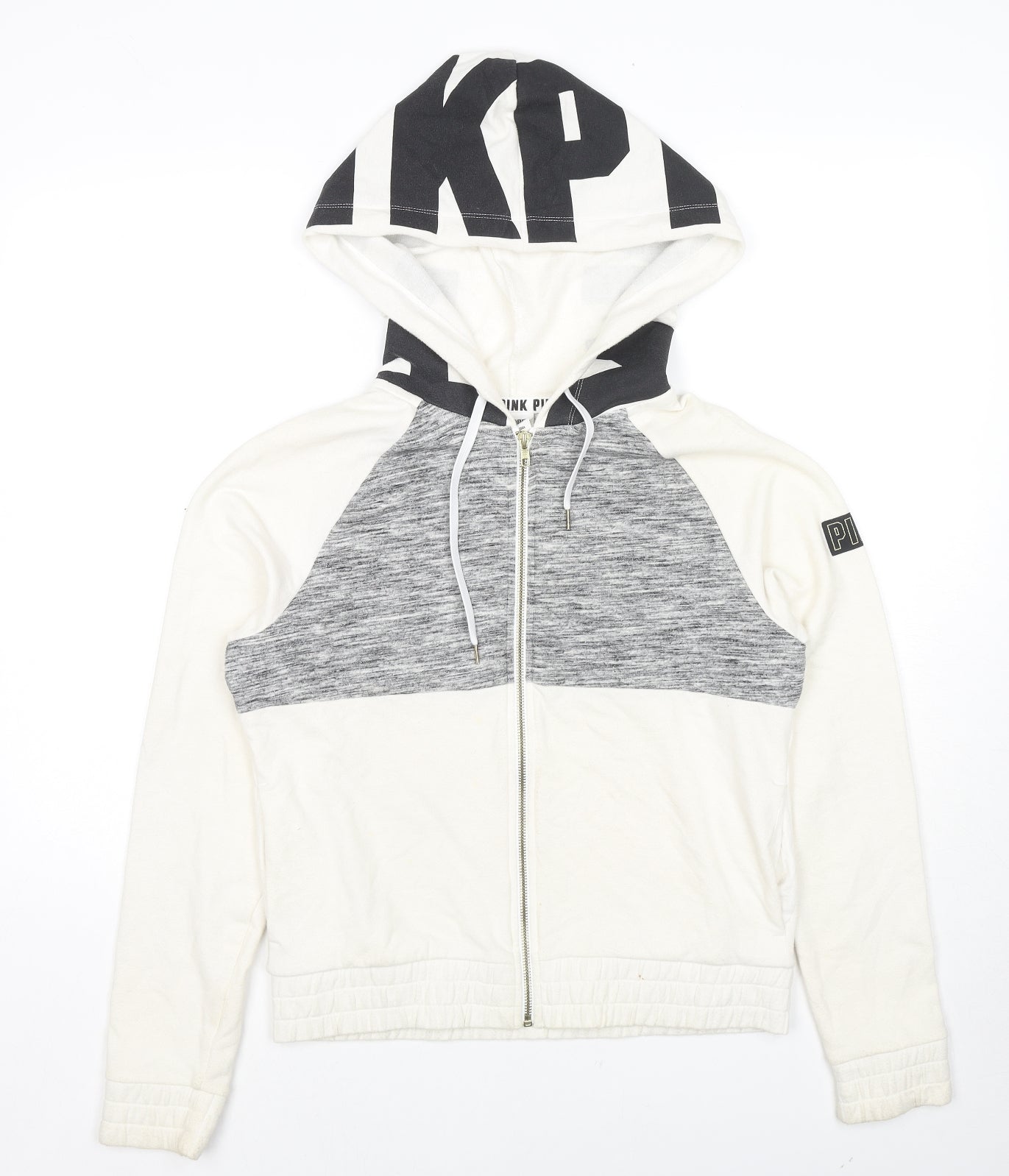 PINK Womens White Colourblock Cotton Full Zip Hoodie Size S Zip - Logo
