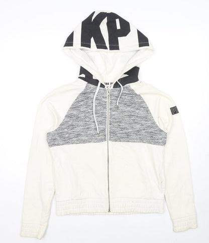 PINK Womens White Colourblock Cotton Full Zip Hoodie Size S Zip - Logo