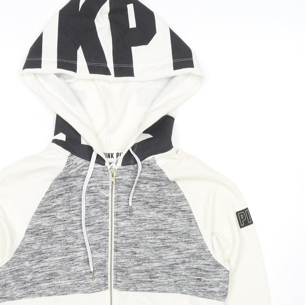 PINK Womens White Colourblock Cotton Full Zip Hoodie Size S Zip - Logo
