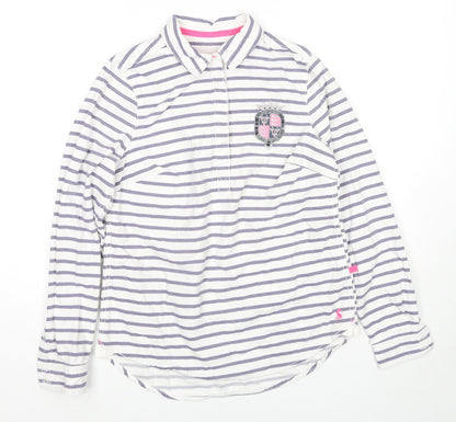 Badminton Womens White Striped Cotton Pullover Sweatshirt Size 6 Button - Beaded Logo Detail