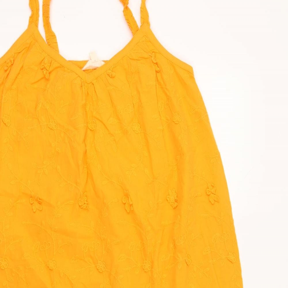 Per Una Womens Orange 100% Cotton Tank Dress Size 8 V-Neck Pullover - Embroidered Flowers