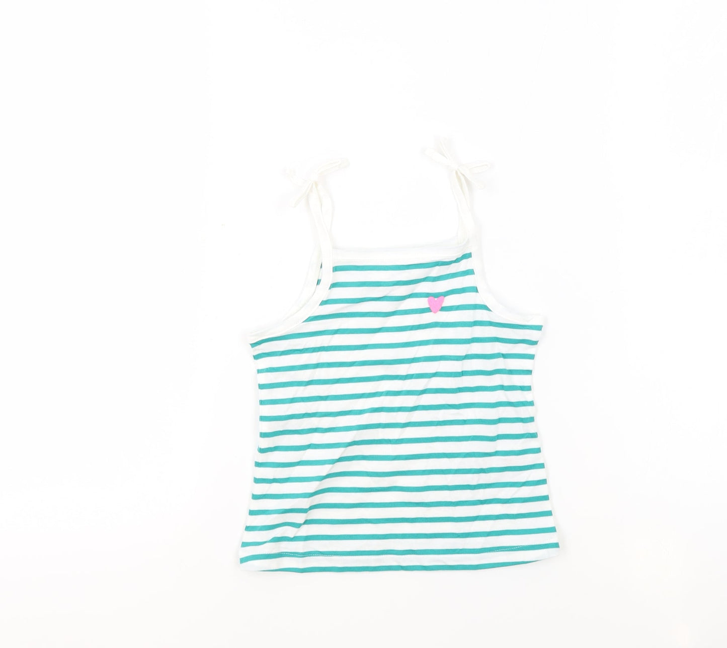 Marks and Spencer Girls White Striped 100% Cotton Basic Tank Size 3-4 Years Square Neck Pullover - Embroidered Heart