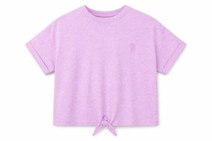 Front view of Marks & Spencer girls’ pink polyester pullover t-shirt, size 9-10, years crew neck pullover - tie front detail