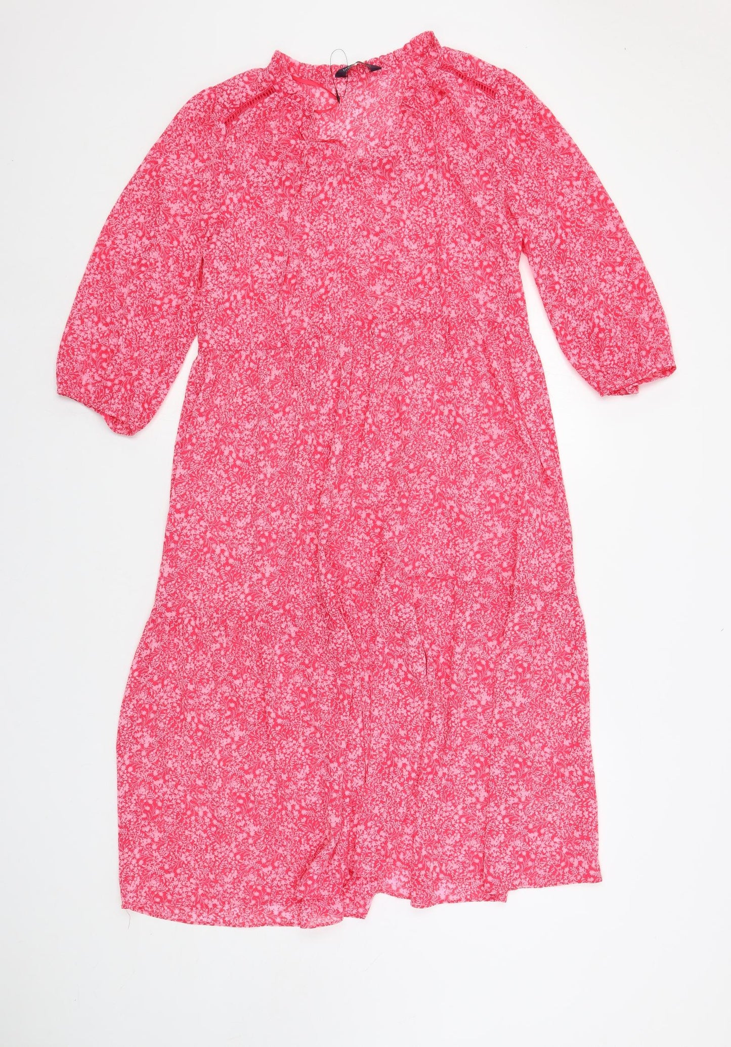 Marks and Spencer Womens Pink Floral Polyester A-Line Size 8 V-Neck Pullover - Sheer
